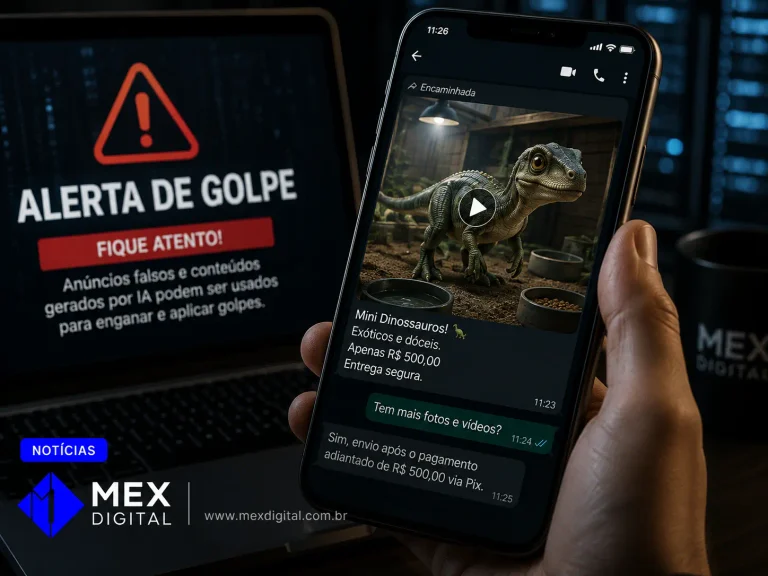 Golpe do minidinossauro usa IA e pedido de Pix de R$ 500,00 reais.